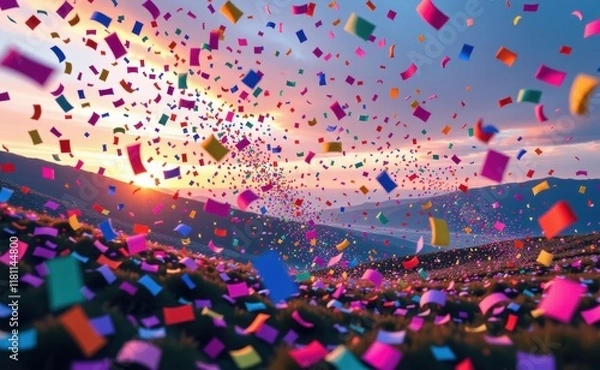 Fototapeta A whimsical scene with colorful confetti raining down from a vibrant sky over a field of flowers, creating a joyful and celebratory atmosphere.