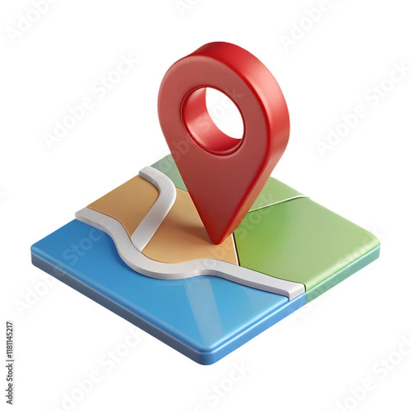 Obraz 3d map with location symbol. Road, water, city and pointer icon in cartoon style. 