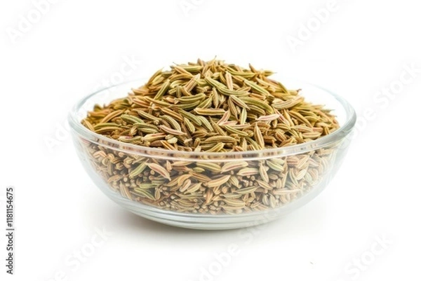 Fototapeta Pixel Perfect Picture of Fennel Seeds in a Transparent Bowl, Isolated on White