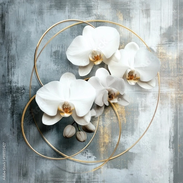 Obraz Elegant white orchids arranged with gold rings on a textured grey background.