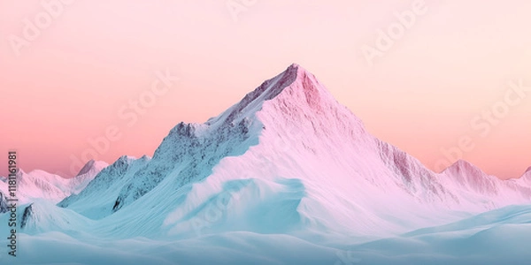 Fototapeta Serene Mountain Peak: A snow-capped mountain peak pierces a sky awash in the soft hues of a vibrant sunrise, its majestic silhouette rising against a backdrop of pastel pink and blue.