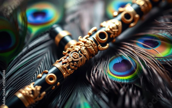 Fototapeta A close-up of a beautifully decorated flute resting amidst peacock feathers, their iridescent colors blending harmoniously with the golden carvings on the flute. 