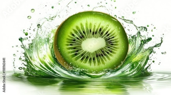 Fototapeta Refreshing Kiwi Splash: A vibrant image of a kiwi fruit splashing into water, capturing the freshness and juicy essence of this delicious fruit.