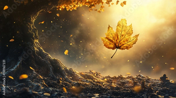 Fototapeta A golden yellow leaf gently falling from a tree, symbolizing change and transformation.