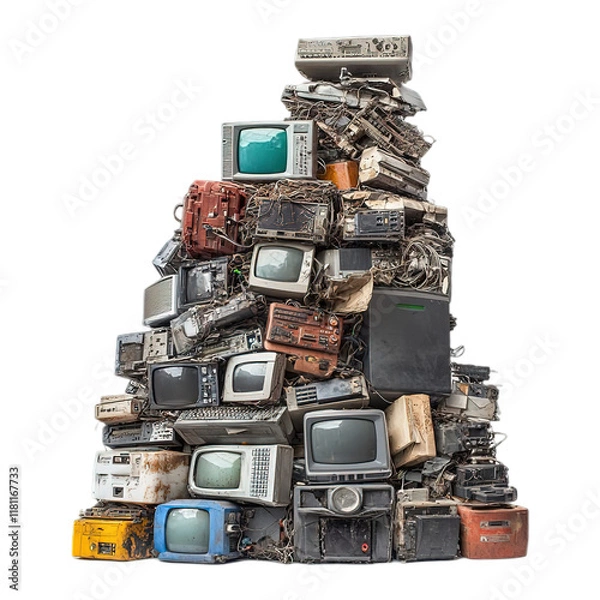 Fototapeta A pile of old computers and electronic devices isolated 