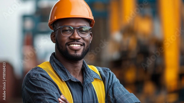 Fototapeta confident African American engineer wearing hard hat and safety glasses, smiling in factory setting. His bright yellow safety vest contrasts with industrial background