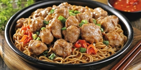 Obraz Delicious Asian stir-fry with noodles, meat, and vegetables in a black bowl on a wooden cutting board