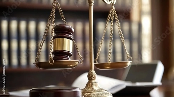 Obraz Judge gavel with scales of justice, Asian Business and lawyer or counselor consulting and discussing contract papers with laptop and tablet at law firm