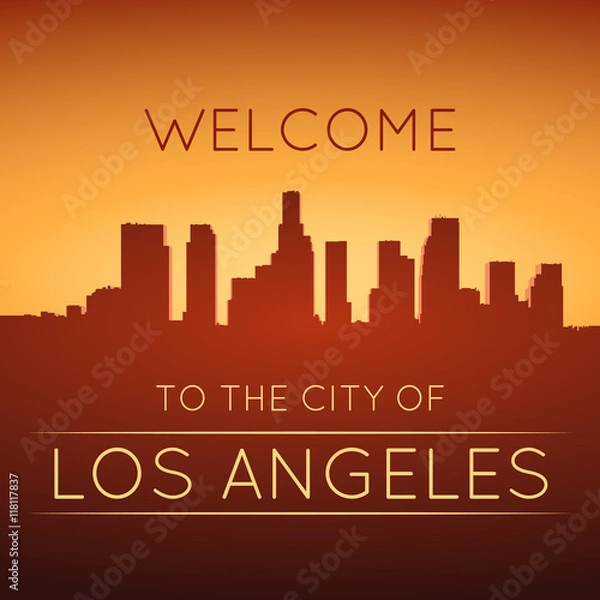 Obraz Miasto Los Angeles. Sylwetka drapaczy chmur o zachodzie słońca.