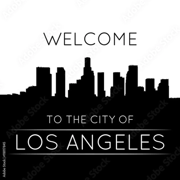 Obraz Miasto Los Angeles. Czarno-biała sylwetka i napis.