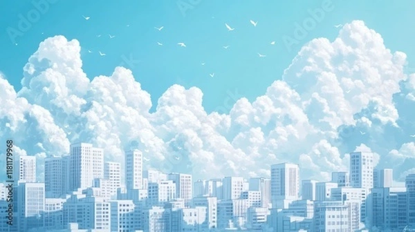 Fototapeta Sunny cityscape with fluffy clouds and birds.