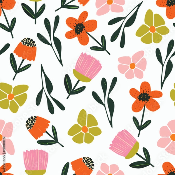 Obraz seamless mixed cute flowers pattern on white background
