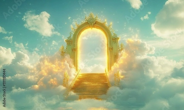 Fototapeta Golden gate in clouds with stairs, heaven concept, fantasy background, spiritual image.