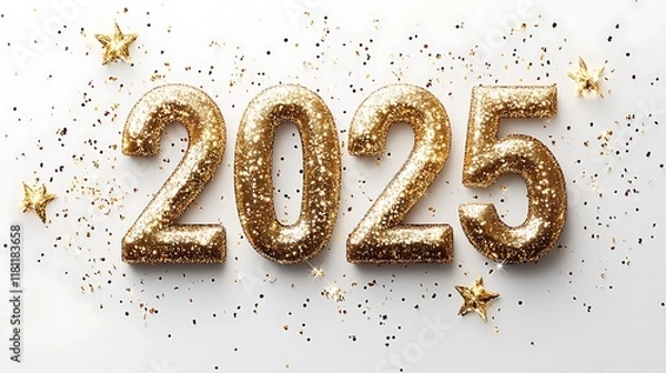Fototapeta Clean white background featuring 2025 made from elegant glass numbers surrounded by faint sparkles and subtle gold accents evoking a New Years celebration