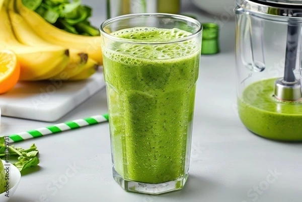 Fototapeta Close-Up of Refreshing Green Smoothie Preparation in Kitchen