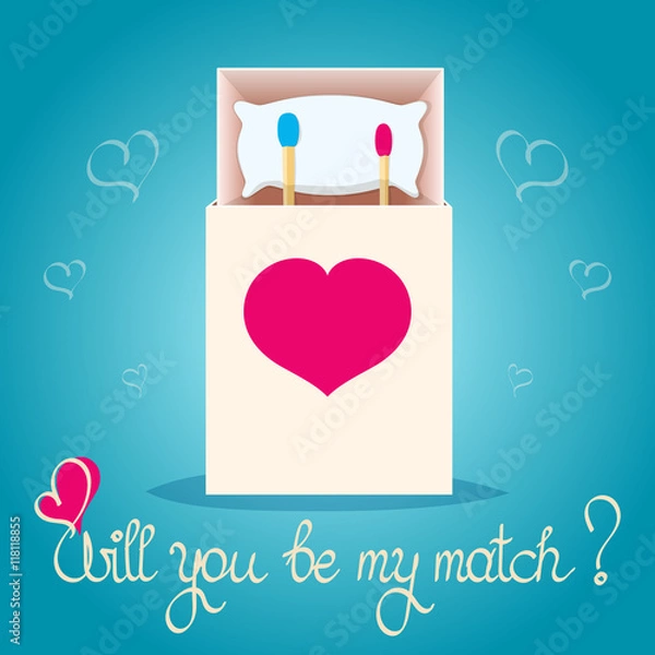 Obraz Two matches laying in a bed made from a box. Valentine's Day Card. EPS 10 vector illustration