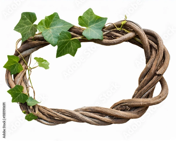 Fototapeta An isolated white background with a twisted wild liana vine plant and a nature frame bordering a jungle