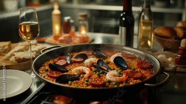 Fototapeta A vibrant seafood paella served in a pan, accompanied by a glass of white wine, set in a warm kitchen atmosphere.
