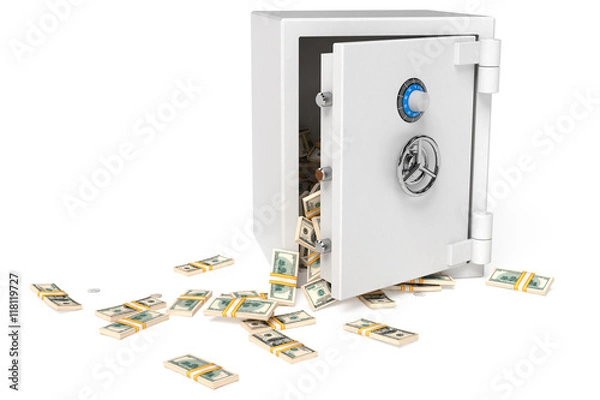 Obraz Opened bank safe with money stacks against white background. High quality 3d render.