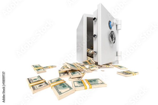 Obraz Opened bank safe with money stacks against white background. High quality 3d render.