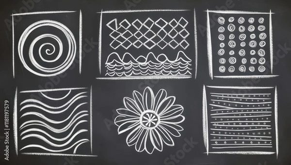 Fototapeta Chalkboard Art Abstract White Patterns Geometric Designs Flower Waves Spiral Texture Background