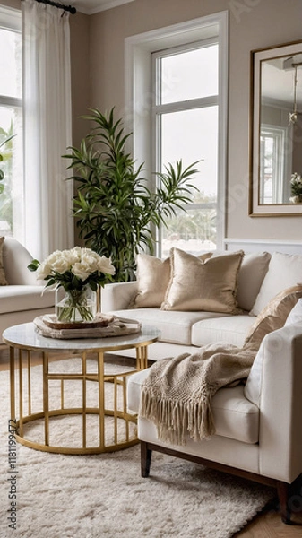 Fototapeta Contemporary golden living room with abstract wall art neutral couch and spacious windows Contemporary Interior Design Livingroom Inspiration
