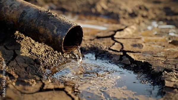 Obraz A single drop of water falling from a dry, rusted pipe into a cracked ground.