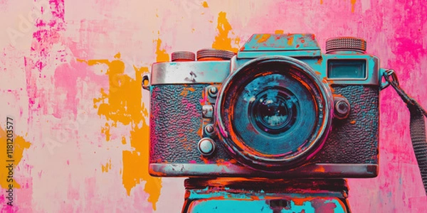 Obraz Vintage camera against vibrant abstract background