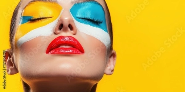 Obraz Artistic portrait with vibrant face paint against yellow background