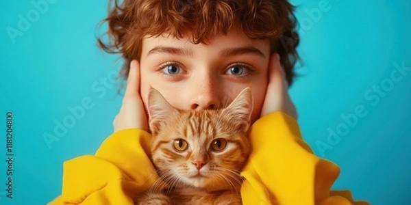 Obraz Young person cuddling a ginger cat against a vibrant backdrop