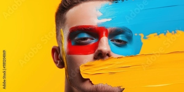 Obraz Creative portrait with vibrant face paint on a bold backdrop