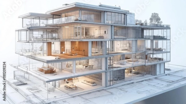 Obraz Modern architectural design showcasing a multi-level, open-plan structure.