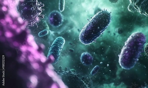 Fototapeta Microscopic World: A Colorful Visualization of Bacteria and Viruses