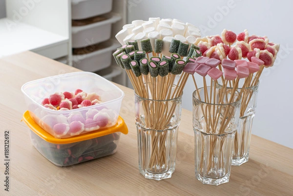 Fototapeta Candy Skewers in Glasses with Plastic Box of Gummies
