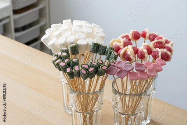 Fototapeta Colorful candy skewers in glass jars