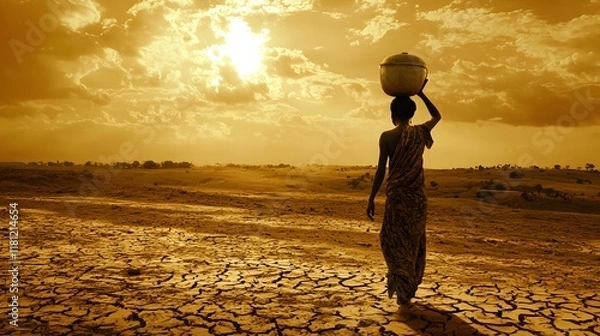 Obraz A woman carrying a pot of water on her head, walking across a dry field.