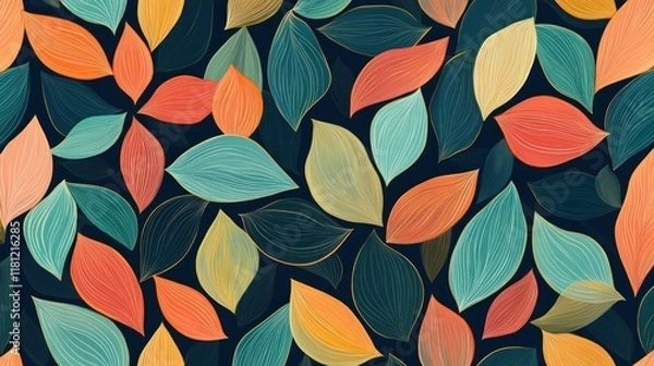 Fototapeta Seamless pattern with colorful autumn leaves on dark background.