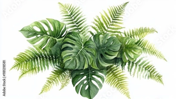 Fototapeta Lush Green Tropical Leaves Arrangement with Ferns and Palms