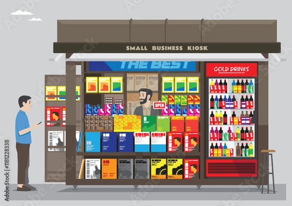 Fototapeta an open small box kiosk street shop with magazines, drinks, candies and other items