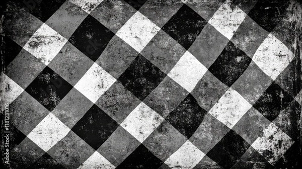 Fototapeta aged racing flag frame, dissolving checker pattern, vintage sport aesthetic, monochromatic grunge style, negative space design, weathered texture effect, minimalist composition