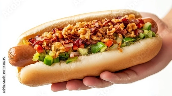 Fototapeta Scrumptious Bacon-Topped Hot Dog with Crispy Onion