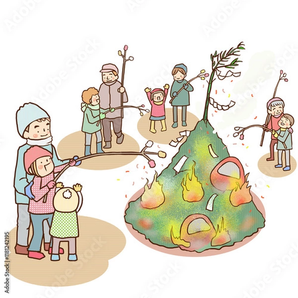 Fototapeta どんど焼きをする地域の人々