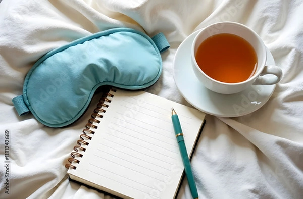 Fototapeta Relaxing Setup for World Sleep Day. A cozy setup featuring a sleep mask, a cup of tea, and a notebook on soft white bedding, perfect for World Sleep Day.