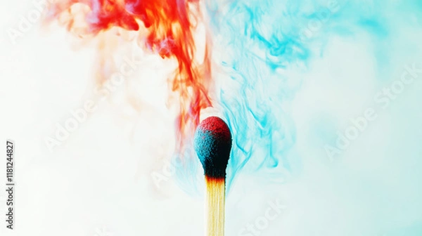 Fototapeta Captivating display of a burning match head with colorful smoke symbolizing inspiration and creative passion