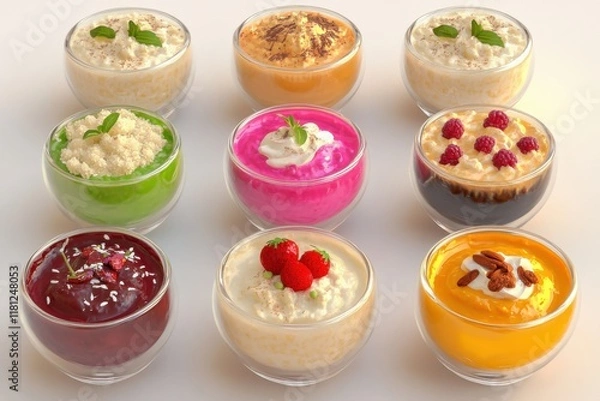 Obraz Delicious kheer recipe showcases traditional indian rice dessert served in elegant bowls and garnished with nuts and saffron on a vibrant plate