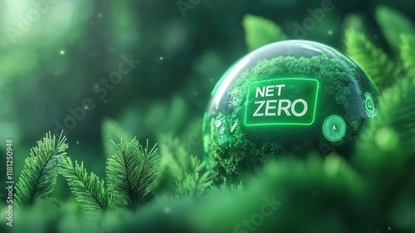 Fototapeta Net zero sustainability goals concept. A green globe with "NET ZERO" displayed, surrounded by lush foliage, symbolizing sustainability and environmental commitment.