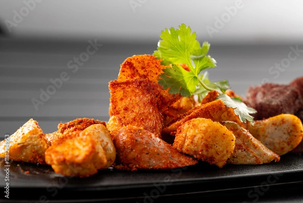 Obraz Put fried potato chunks on a black plate