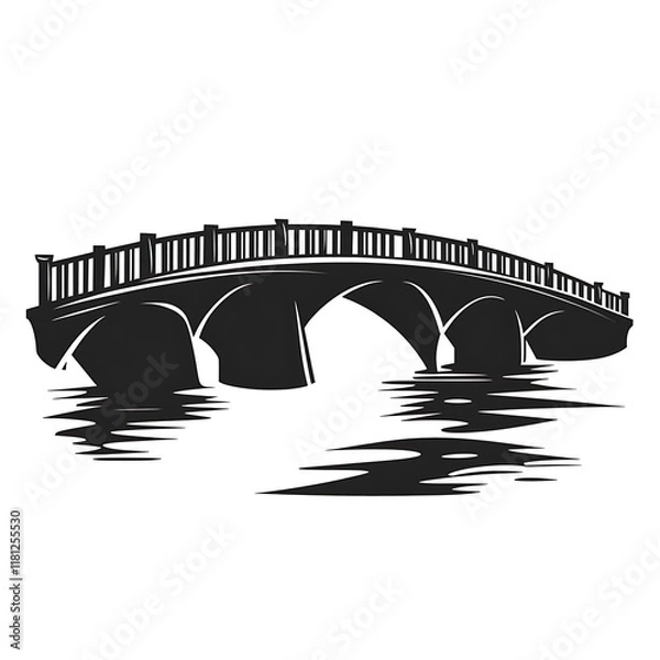 Obraz Black and white illustration of an arched bridge over water.