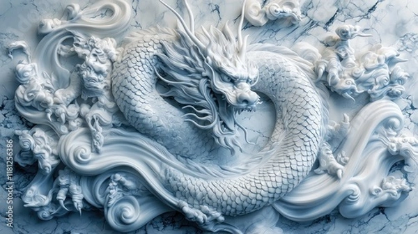 Obraz Majestic White Dragon Sculpture: Chinese Mythological Art, Ancient Symbol of Power and Strength. Intricate Stone Carving, Marble Texture, 3D Render