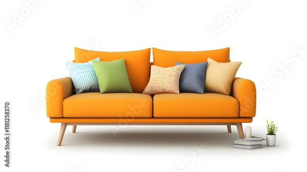 Fototapeta Bright orange sofa with soft cushions and decorative pillows